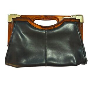 Vintage Blue Leather Handbag With Faux Tortoiseshell Frame & Metal Corner Accent